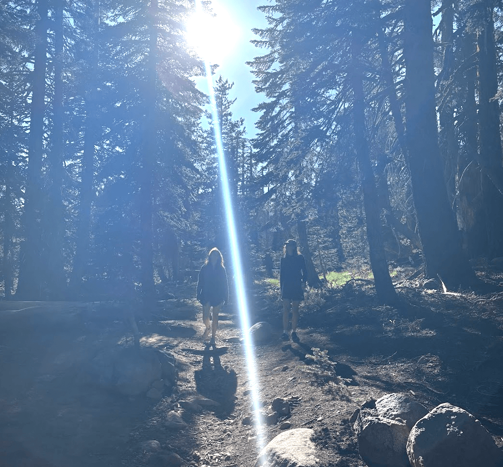 sarah and lucia walking in tahoe