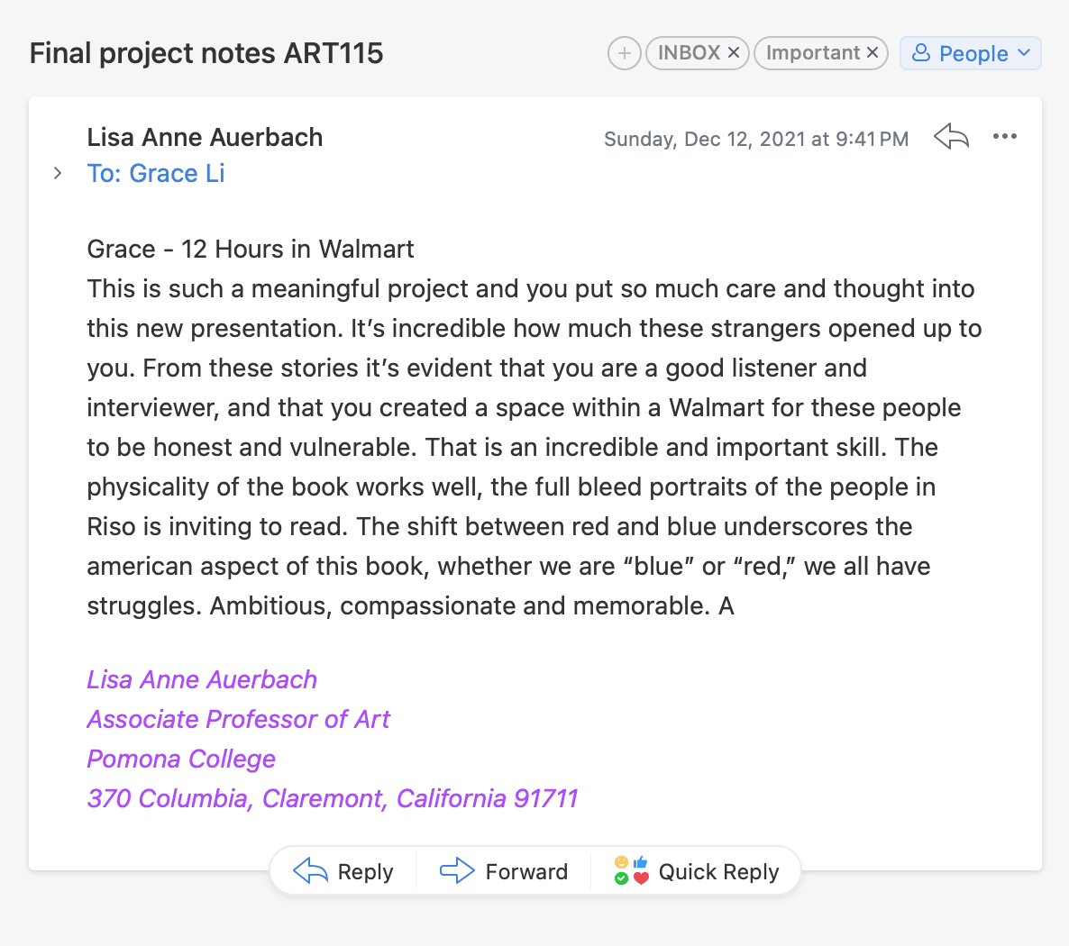 Email from professor Lisa Anne Auerbach with final project feedback for 12 Hours in Walmart
